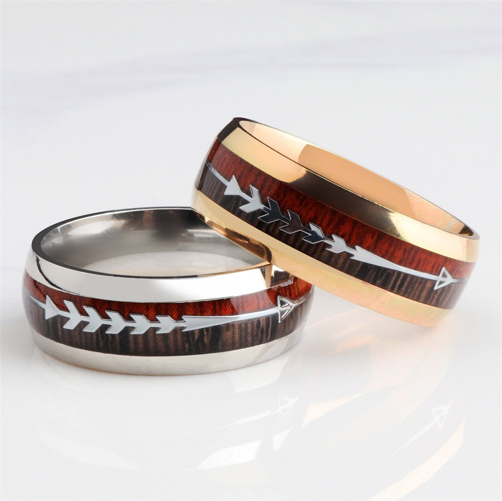 Stainless Steel Wood Grain Arrow Inlaid Ring - 3 Colors Available!