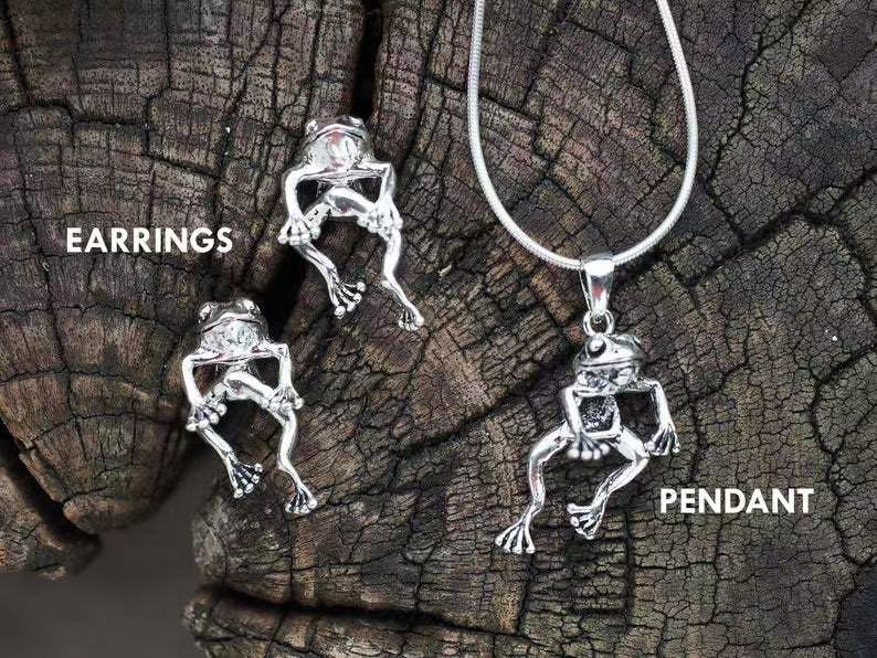 Vintage Silver Frog Earring & Pendant Necklace Set