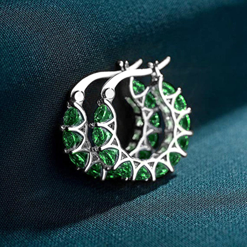 Zircon Inlay U-Shaped Stud Earrings - Green or Blue