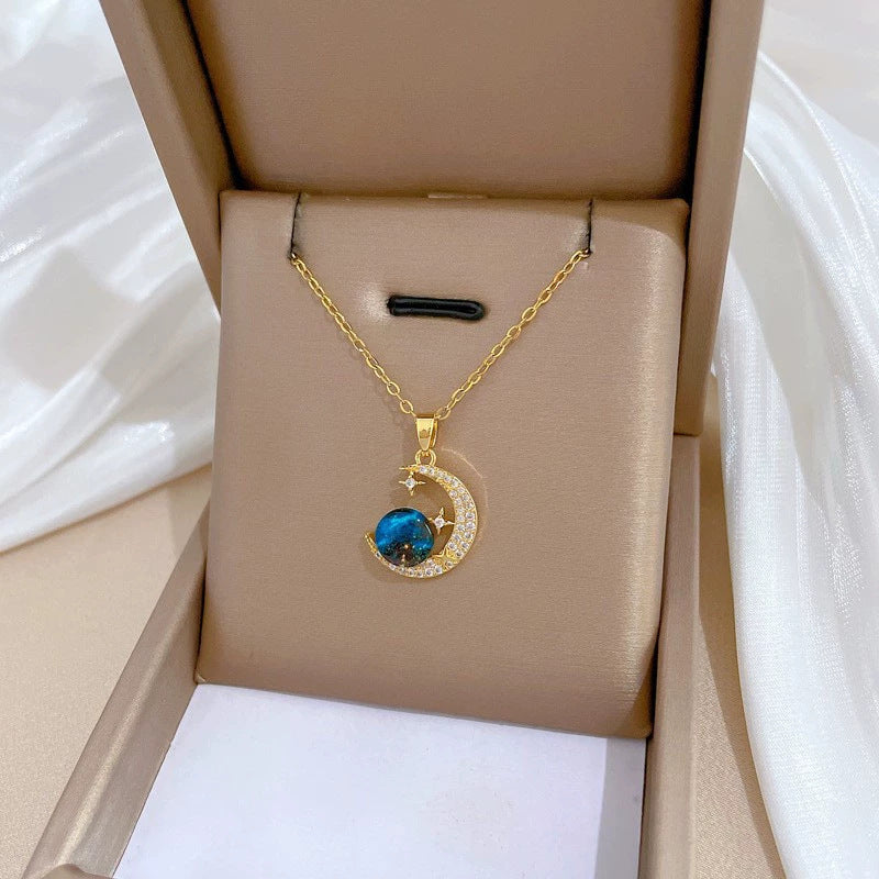 Celestial Pendant Necklace - Moon & Starry Sky Planet - 18K Gold Plated