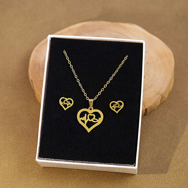 Heart ECG Stainless Steel Necklace & Earring Set