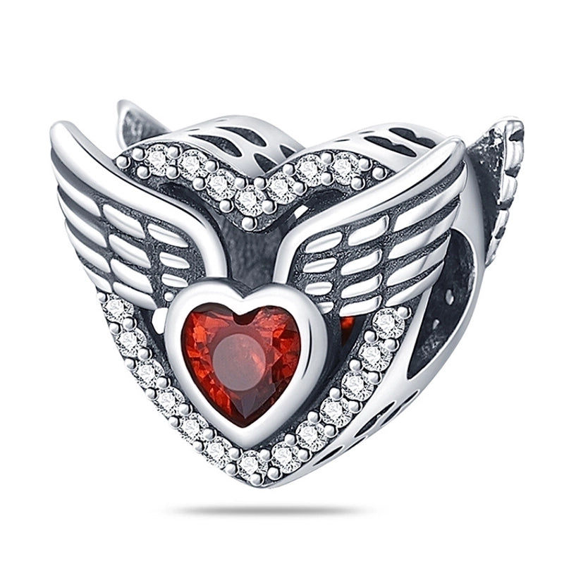 Silver Winged Heart Pendant Bead with Zircon Accents