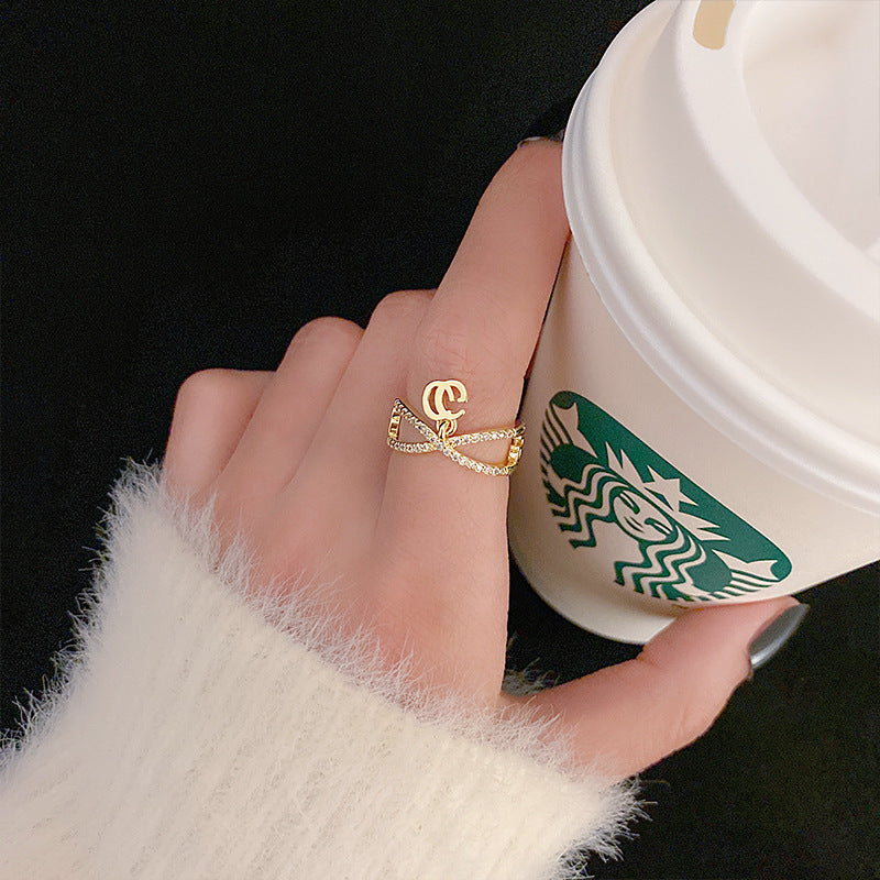 Double Ring with CC Charm - Zircon Inlay Copper Adjustable Ring