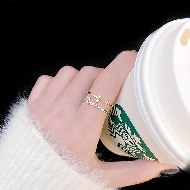 Gold Crosses - Zircon Inlay Copper Adjustable Ring