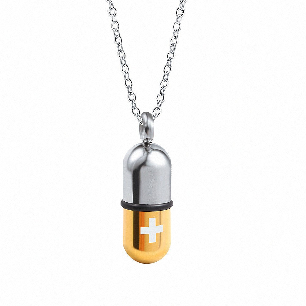 Openable Pill Pendant Necklace - Silver & Two-Tone - Stainless Steel
