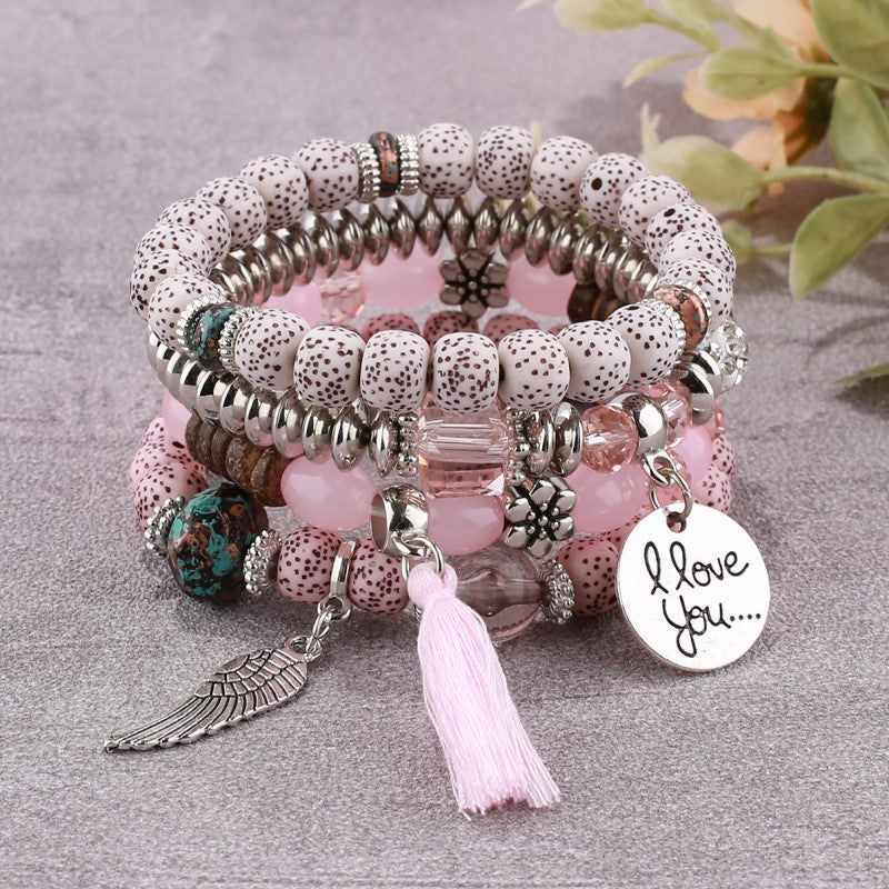 I Love You Beaded Tassel Bracelet Set - Bohemian Multi-Layer - Multiple Styles