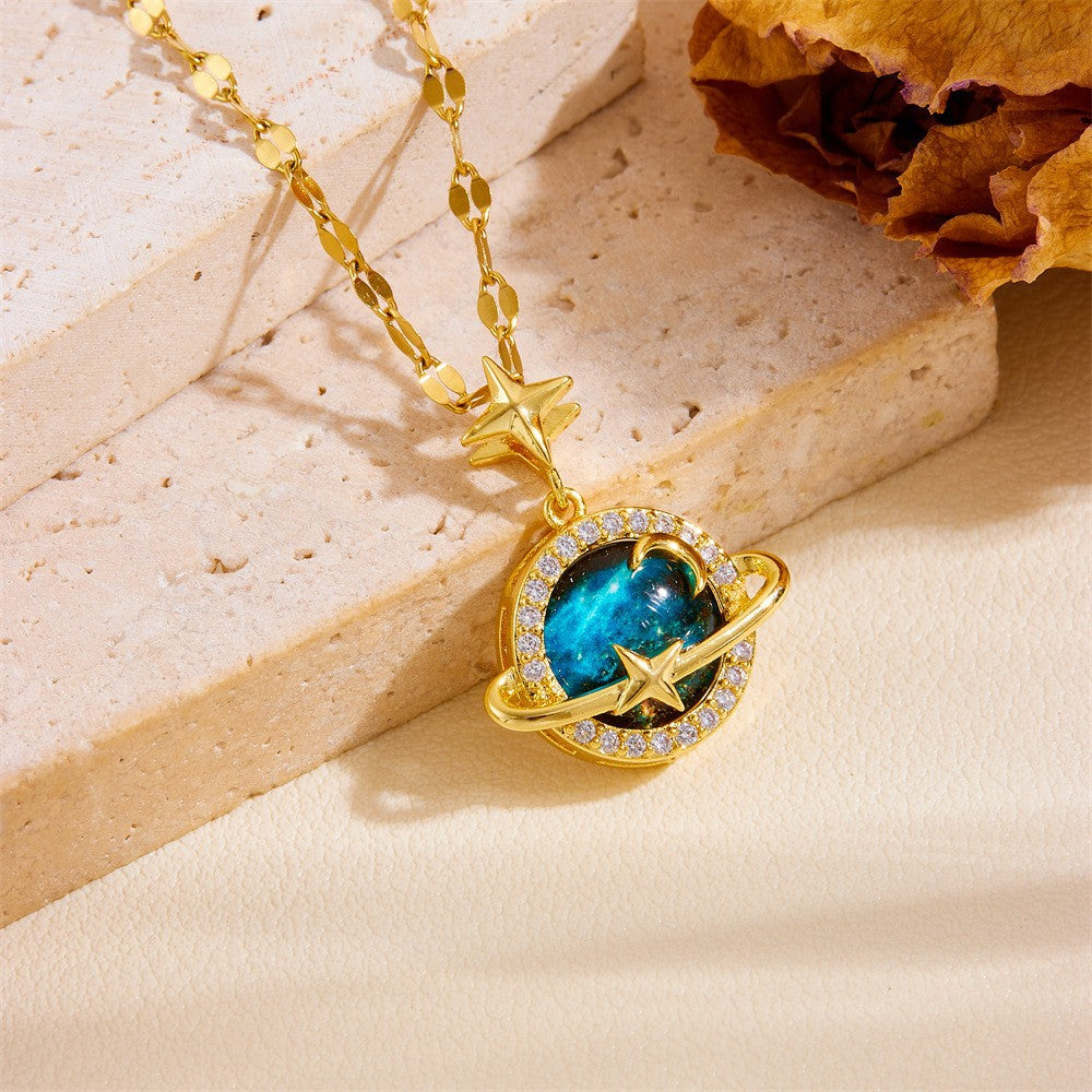 Celestial Pendant Necklace - Moon & Starry Sky Planet - 18K Gold Plated