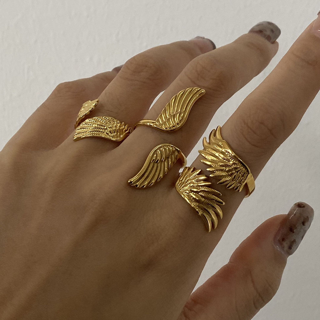 Vertical Wings Titanium Steel Open Ring
