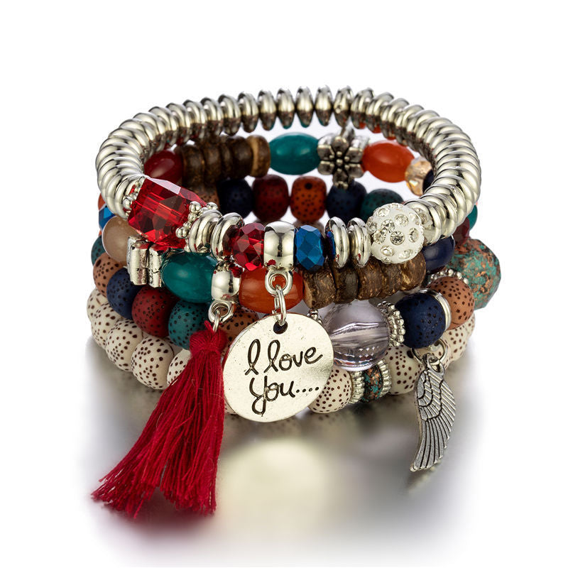 I Love You Beaded Tassel Bracelet Set - Bohemian Multi-Layer - Multiple Styles