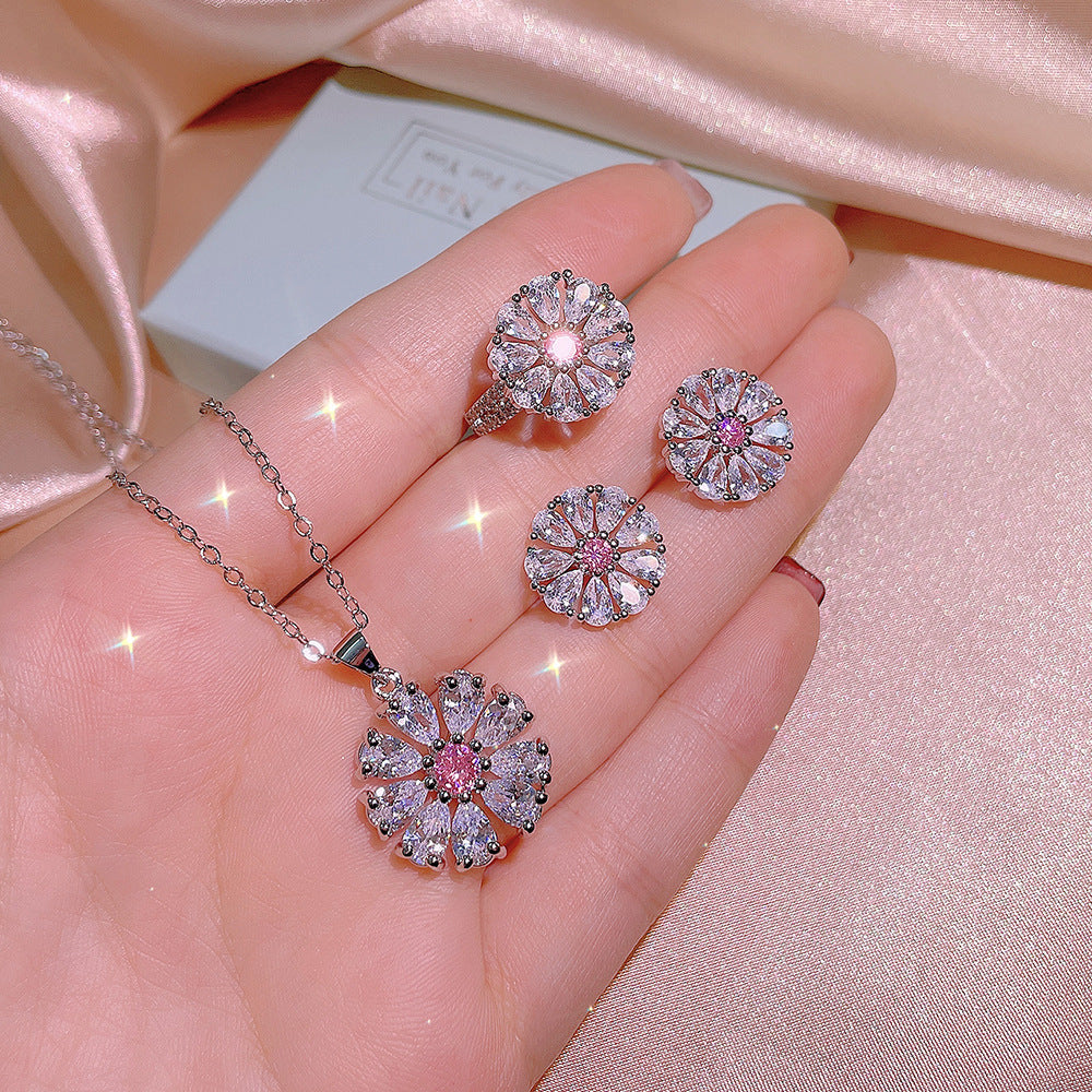 Flower Zircon Jewelry Set - Ring, Earrings & Necklace