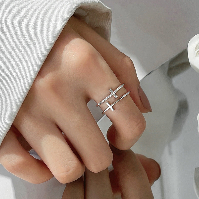 Silver Crosses - Zircon Inlay Copper Open Ring