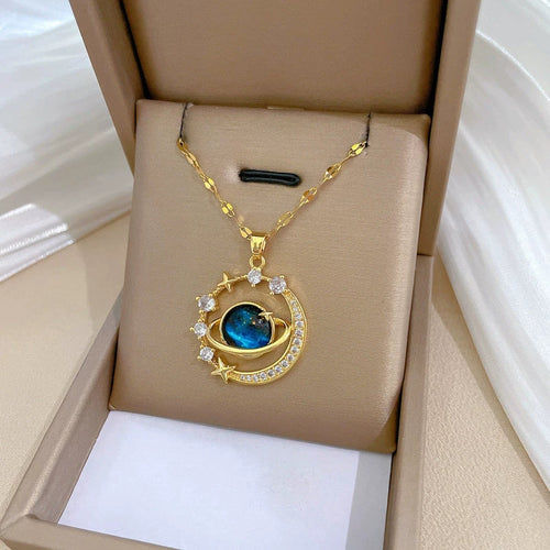 Celestial Pendant Necklace - Moon & Starry Sky Planet - 18K Gold Plated