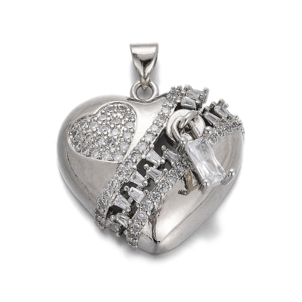 Zipper Heart Necklace - Copper & Zircon Pendant with Silver Chain