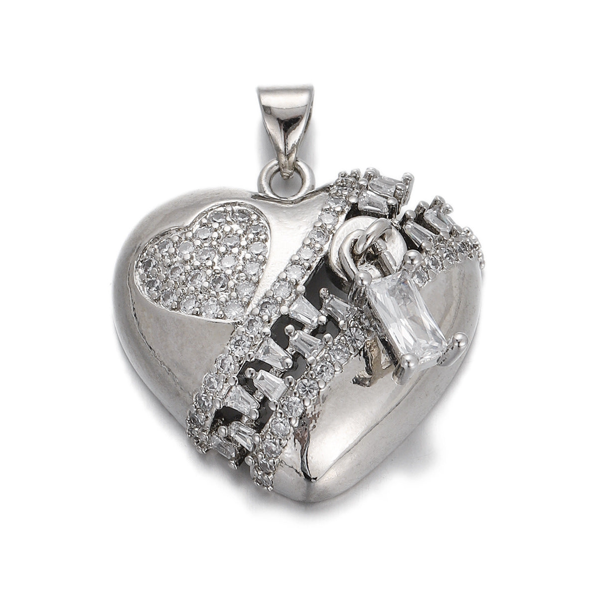 Zipper Heart Necklace - Copper & Zircon Pendant with Silver Chain